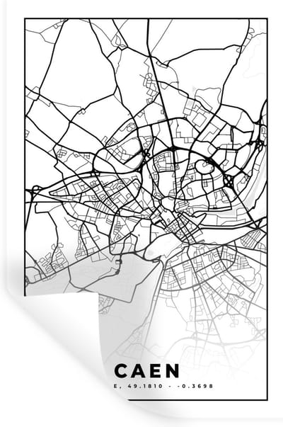 Muurstickers - Sticker Folie - Kaart - Caen - Stadskaart - Frankrijk - Plattegrond - Zwart wit - 20x30 cm - Plakfolie - Muurstickers Kinderkamer - Zelfklevend Behang - Zelfklevend behangpapier - Stickerfolie