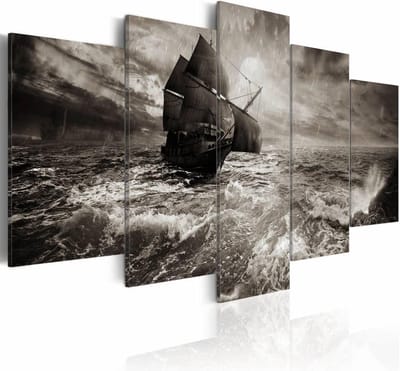 Schilderij - Schip in zware Storm, 5luik , zwart wit , wanddecoratie , premium print op echt Italiaans canvas , in 2 maten
