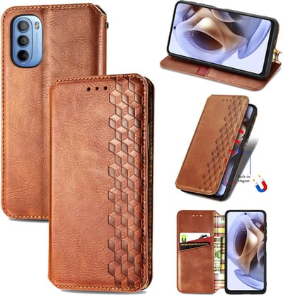 Luxe PU Lederen Ruitpatroon Wallet Case + Glas Screenprotector voor Moto G31 / G41 _ Bruin