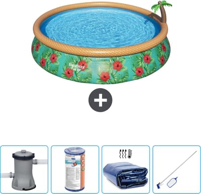 Bestway Rond Opblaasbaar Fast Set Zwembad - Paradijsprint - 457 x 84 cm - Inclusief Pomp Filter - Solarzeil - Schoonmaakset