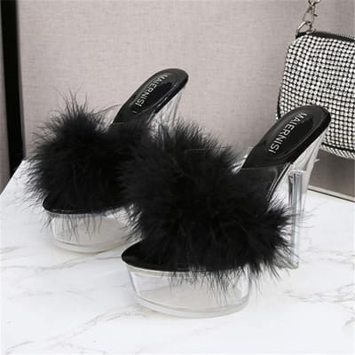 Vrouwen Zomer 14cm Hoge Hakken 4cm Platform Slides Kristallen Muiltjes Dame Transparante Bont Slippers Extreme Heldere Hakken Sexy Schoenen 40 zwart