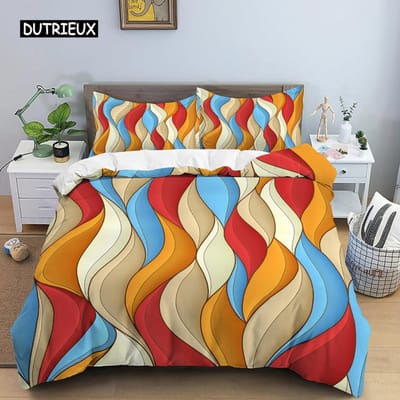 Geometrische Dekbedovertrek Set Queen Size Rood Geel Streep Beddengoed Set Microfiber Abstract Kunst Thema Dekbedovertrek met Rits 150x200cm 3pcs