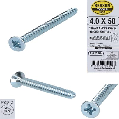 Benson Tools Spaanplaatschroeven 200 Stuks Verzinkt – 4.0x50mm | Spaanplaatschroeven voor Verwerking in Dragende Houtconstructies