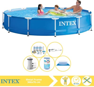 Intex Rond Frame Zwembad - 366 x 76 cm - Blauw - Inclusief Onderhoudspakket - Zwembadfilterpomp - Filter - Grondzeil - Stofzuiger - 6-delig