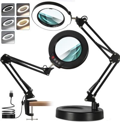 Vergrootglas Met Licht en Standaard - 10x Vergroting, Dimbare LED Bureaulamp met 5 Kleurmodi voor Handsfree Lezen en Knutselen