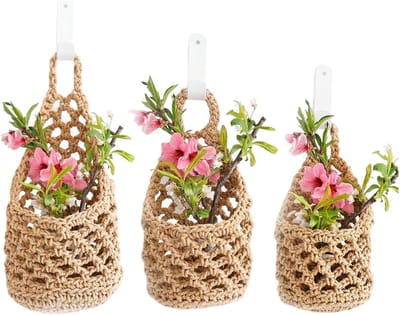 VHV - Plantenhanger - Macramé plantenhanger - Wanddecoratie - Set van 3 - Wandhouder - Voor binnen en woonkamer - Exclusief potten - 3 maten - Linnen kleur