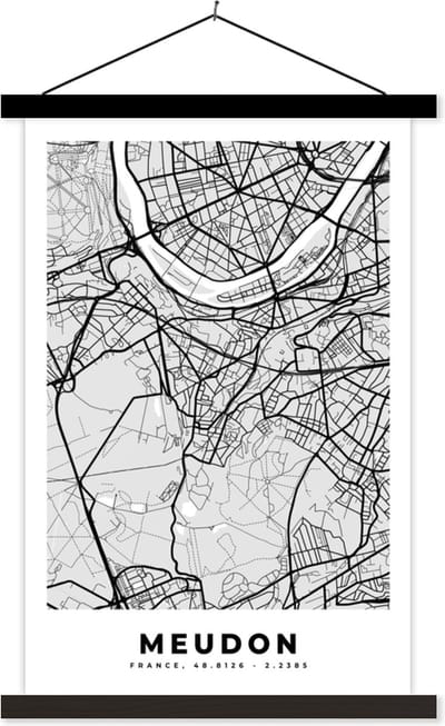 Posterhanger incl. Poster 40x60 cm - Schoolplaat - Plattegrond - Meudon - Stadskaart - Kaart - Frankrijk - Textielposter - Zwarte latten - Stadskaart