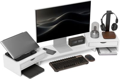 Golaro Monitor standaard - Laptop standaard - Monitor verhoger - Beeldscherm verhoger - Verstelbaar - met 2 laden - Wit.