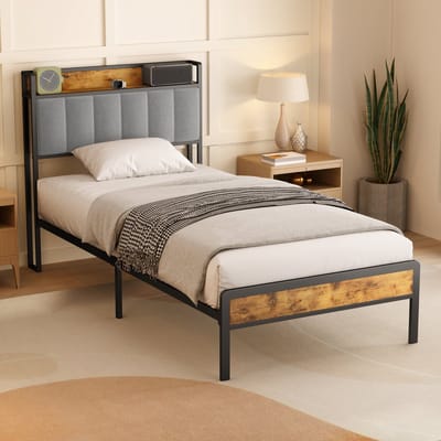 Xbro Bed 90 x 200 cm met Hoofdbord en Metalen Bedbodem, Eenpersoonsbed met 35 cm Opbergruimte, Gemakkelijk te Monteren
