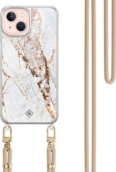 Casimoda® hoesje met beige koord - Geschikt voor iPhone 13 - Marmer Goud - Afneembaar koord - TPU/acryl - Goudkleurig