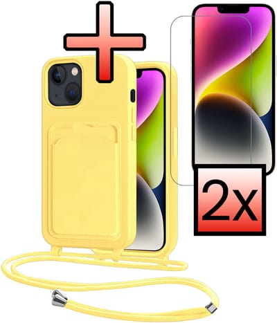 Hoes Geschikt voor iPhone 13 Hoesje Pasjeshouder Cover Met Koord Case Siliconen Hoes Met Telefoonkoord en Kaarthouder Met 2x Screenprotector - Geel