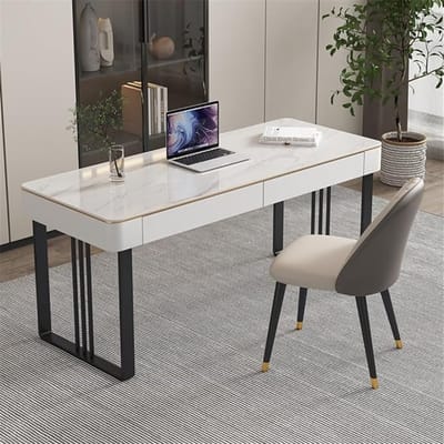 Computer Desk Gold Modern Home Office Desk with 2 Drawers Marble Stone Top Metal Frame 100/120/140/160 cm Width x 60 cm Depth x 75 cm Height Elegant Writing Desk PC Desk Vanity Table Bedroom Study Workstation