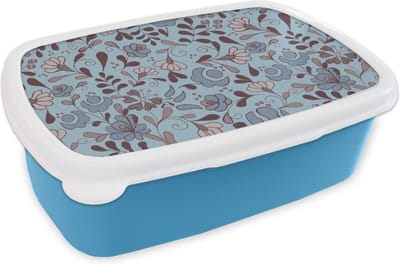 Broodtrommel Blauw - Lunchbox Patroon - Bloem - Grijs - Blauw - Brooddoos 18x12x6 cm - Brood lunch box - Broodtrommels voor kinderen en volwassenen