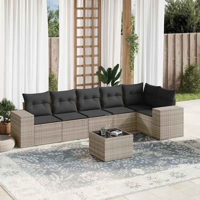 vidaXL - 7-delige - Loungeset - met - kussens - poly - rattan - lichtgrijs