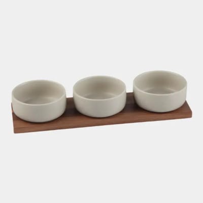 Terra serveerset – 3 keramische schaaltjes – natuurlijk – acaciahouten plank L32xB9,2cm