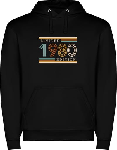 Zwarte unisex hoodie met “ Kleurrijke Limited Edition 1980 – Verjaardag – Leeftijd – Humor “ Print Full Color Color merk Roly maat S