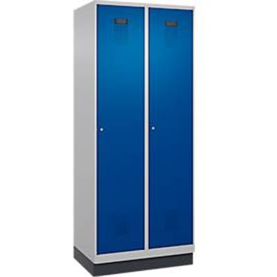C+P Evolo Plus garderobekast, 2 vakken, 400 mm vakbreedte, met plint, rechts scharnierend, B 800 x D 500 x H 1950 mm, cilinder, aluminium wit/ gentiaanblauw