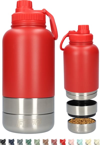 Honden drinkfles met voerbakken - Waterfles hond - Dubbelwandig - Thermosfles - Hondendrinkbak - Multifunctioneel - Hondenvoerbak - RVS Fles - Lekbestendige dop - BPA vrij - 1 Liter - Met handvat - Perfect voor onderweg - Rood