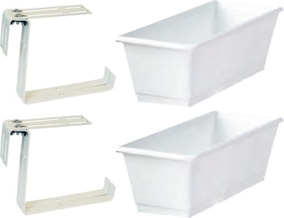 Set van 2 kunststof plantenbakken wit rechthoekig 60 cm met 4 verstelbare railing beugels