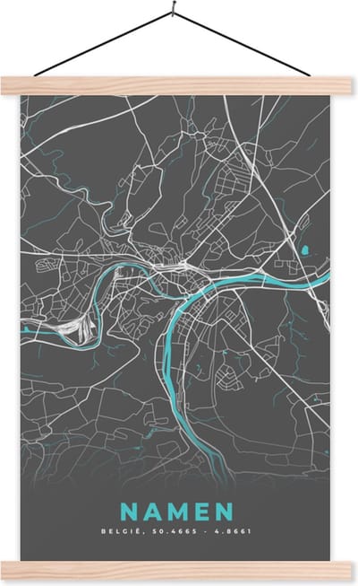 Posterhanger incl. Poster 40x60 cm - Schoolplaat - Stadskaart – Grijs - Kaart – Namen – België – Plattegrond - Textielposter - Blanke latten - Stadskaart