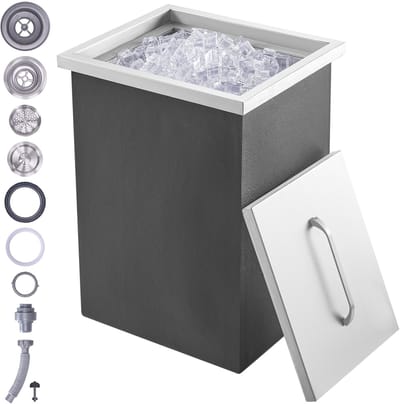 Inbouw Ijsbox, Roestvrijstalen Koeler 25,3l, Ijscontainer 355x305x461 mm met Deksel, Ijsopslag met Afvoer en Plug