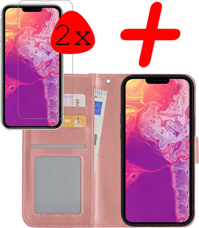 Hoesje Met 2x Screenprotector - Geschikt voor Apple iPhone 14 - Luxe Pasjeshouder - Bookcase Portemonee - Flip Case - Kunstleer Book Case - Flipcase Hoes - Book Cover - Walletcase - Portemonneehoes - Rosé goud