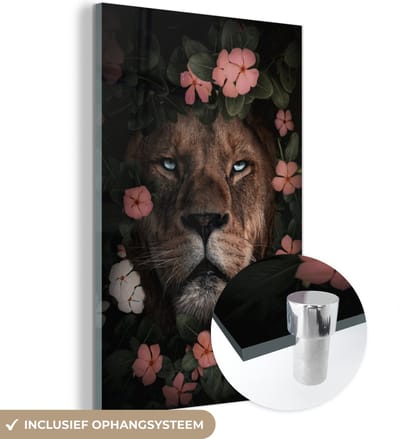 MuchoWow® Glasschilderij 40x60 cm - Schilderij acrylglas - Jungle - Leeuw - Bloemen - Roze - Foto op glas - Schilderijen