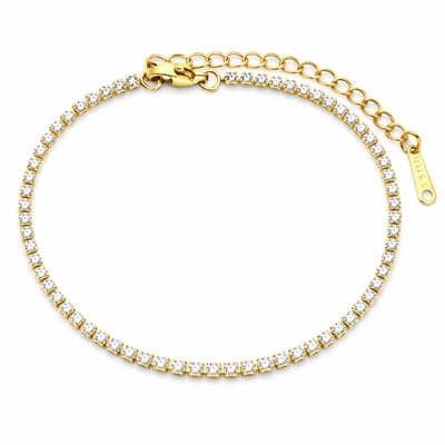 Pax Amare Tennis armband met Zirkonia's - Goudkleurig Stainless Steel - Minimalistische Schakelarmband - 2mm Zirkonia - 16,5cm + 5cm verstelbaar
