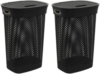 5Five Wasmand met deksel Rotan - 2x - antraciet - gevlochten kunststof - 60 liter - 42 x 33 x 61 cm - Badkamer accessoires