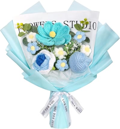 Gehaakt Bloemen Boeket - Kunstbloemen Handgemaakt - Feestelijke Decoratie - Geen Water Nodig - 30cm Hoog - Blauw