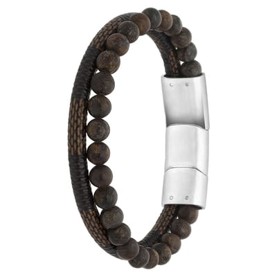 Lucardi Heren Armband leer en steen bruin - Leer - Armband - Vaderdag Cadeautje - 20 cm - Zilverkleurig