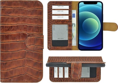MoDo hoesje voor iPhone 14 Plus - Leer Book Case - Croco kaneelbruin
