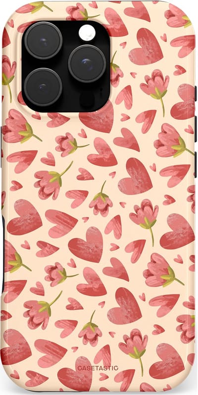 Casetastic hoesje geschikt voor Apple iPhone 16 Pro - MagSafe - Dubbellaagse bescherming - Verbonden Hartjes - Fashion Case - Crème Koraal Perzik