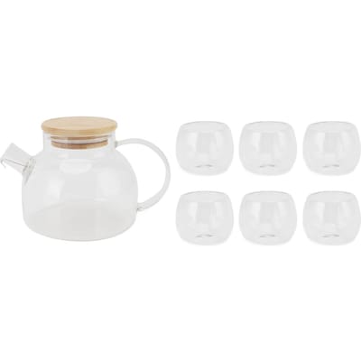 Glazen Theepot Set met 6 Kopjes 500ml Hoog Borosilicaatglas Geschikt voor Kookplaat Theepot met Filter en L(for 6.5-9kg) beige