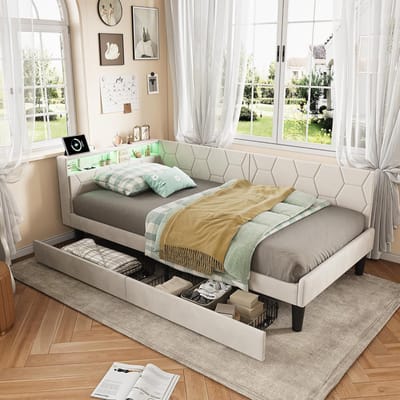 Gestoffeerd Bed - Slaapbank Dagbed - Ruimtebesparend Wonen - Met Lades Verlichting - 90x200 cm - Beige Fluweel