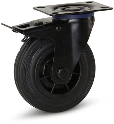 Zwart rubber zwenkwiel geremd met topplaat - 125mm - 150kg