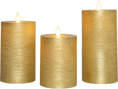 Anna's Collection LED kaars oplaadbaar flame effect rustiek set 7.5 cm goud 3 stuks
