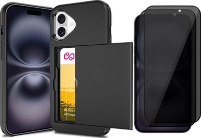 Hoesje met Pasjeshouder geschikt voor iPhone 16 - 2x Privacy Screen Protector FullGuard - Back Cover SlideCase Zwart & Screenprotector