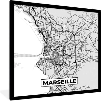 Fotolijst incl. Poster - Plattegrond - Marseille - Stadskaart - Kaart - Frankrijk - 40x40 cm - Posterlijst
