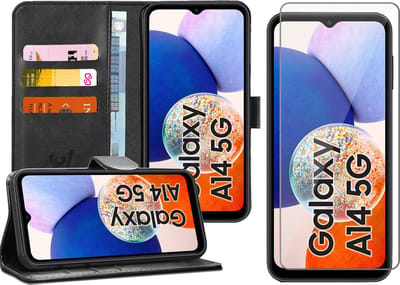 Hoesje geschikt voor Samsung Galaxy A14 - Screen Protector GlassGuard - Book Case Kunstleer Pasjeshouder Zwart & Screenprotector