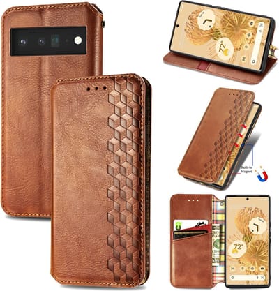 Luxe PU Lederen Ruitpatroon Wallet Case + 21D Glas Screenprotector voor Google Pixel 6 _ Bruin