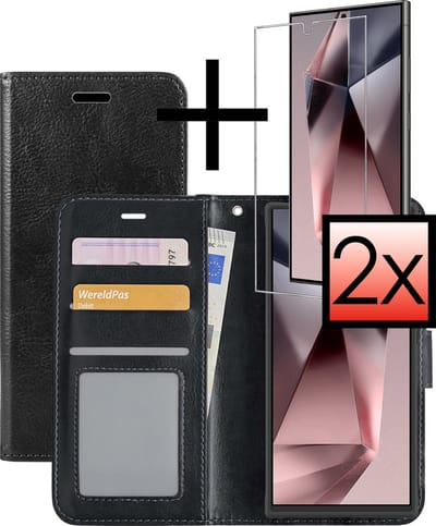 Hoesje - Met 2x Screenprotector - Geschikt voor Samsung Galaxy S24 Ultra - Luxe Pasjeshouder - Bookcase Portemonee - Flip Case - Kunstleer Book Case - Flipcase Hoes - Book Cover - Walletcase - Portemonneehoes - Zwart
