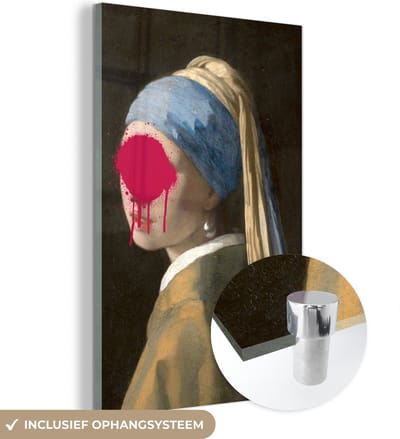 MuchoWow® Glasschilderij 40x60 cm - Schilderij acrylglas - Meisje met de parel - Johannes Vermeer - Roze - Foto op glas - Schilderijen