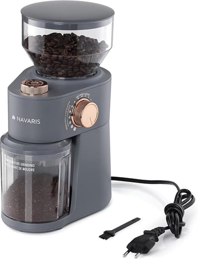MELVRA Elektrische Koffiemolen RVS – 200W – 18 Maalgraden – Voor 14 Kopjes – Professionele Bonenmaler – Mat Grijs met Roségoud