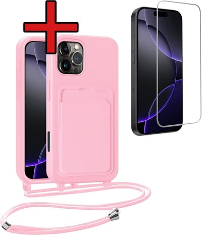 Hoesje Geschikt voor iPhone 16 Pro Max Hoesje Met Telefoonkoord en Pasjeshouder Met Screenprotector Siliconen - Hoes Geschikt voor iPhone 16 Pro Max Hoesje Met Kaarthouder Case - Lichtroze