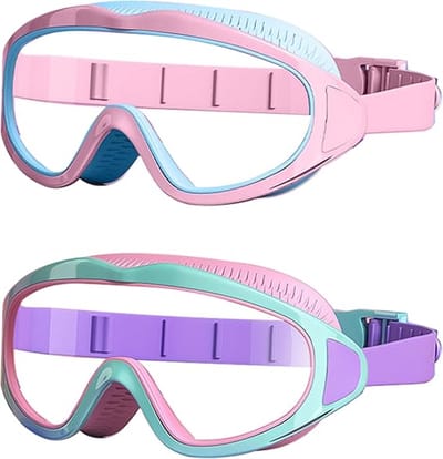Set van 2 Kinder Zwembrillen met breed zicht – Pastel Roze-Blauw & Mint-Paars, Waterdicht Anti-Waas Zwembril voor Zwemles en Strand