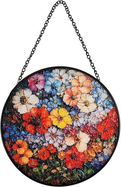 Kleurige Glazen Zonvanger met Bloemontwerpen voor Raamdecoratie - 20 cm Rond Lichtvanger voor Planten en Tuin met Ketting voor Binnen en Buiten
