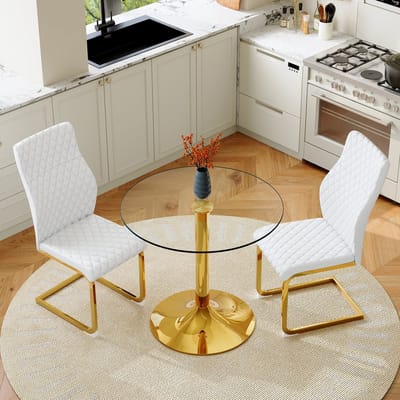 FloraGrace Eethoek Set 85 Cm – Ronde Glazen Tafel Met 2 Eetkamerstoelen – Voor Eethoek Of Woonkeuken – Glas Metaal PU – Wit Goud