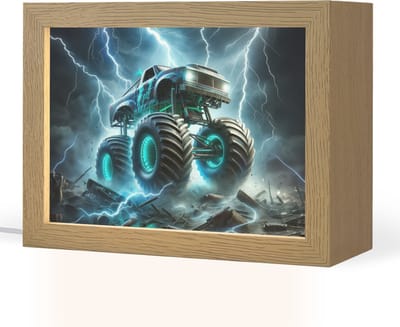 Nachtlampje 20x15 cm - Kinder lampje - Monstertruck - Bliksem - Blauw - Jongens - Auto - Tafellamp kinderkamer - Slaapkamer lamp - Bedlamp kinderen - Kinderlampje stopcontact - Wandlamp babykamer - Nachtlampjes
