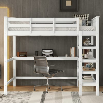 Kinderhoogslaper 140x200 cm, met opbergruimte en bureau, zonder matras, wit, Wit + Grenen(matras niet inbegrepen)
